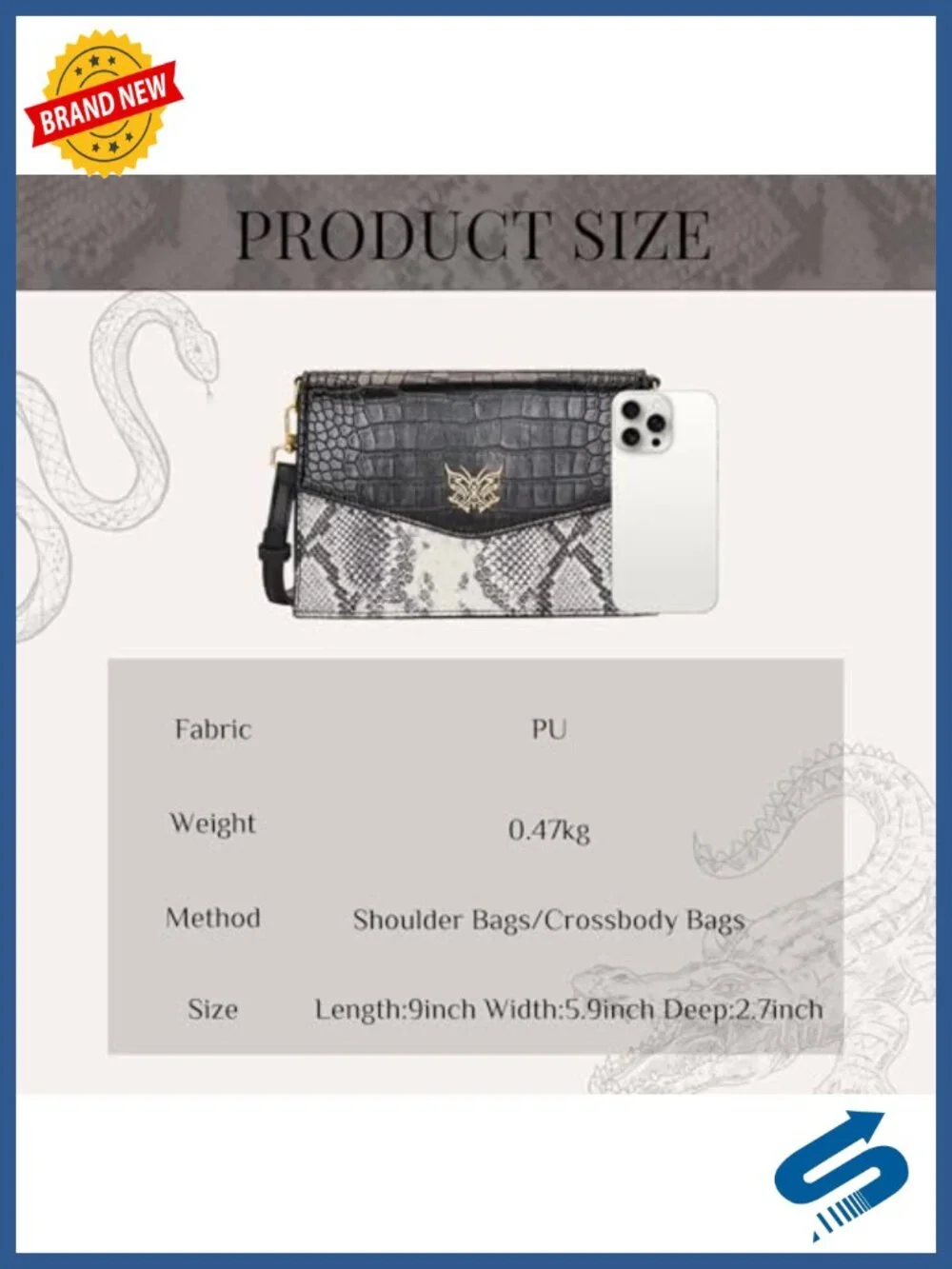Women Leather Crossbody Purse Bags, Crocodile & Snake Printed Shoulder Bag,
